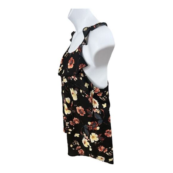 Maurices Black Pink Floral Blouse Size 0 Ruffle Neck Sleeveless Tie Pullover - Picture 2 of 10